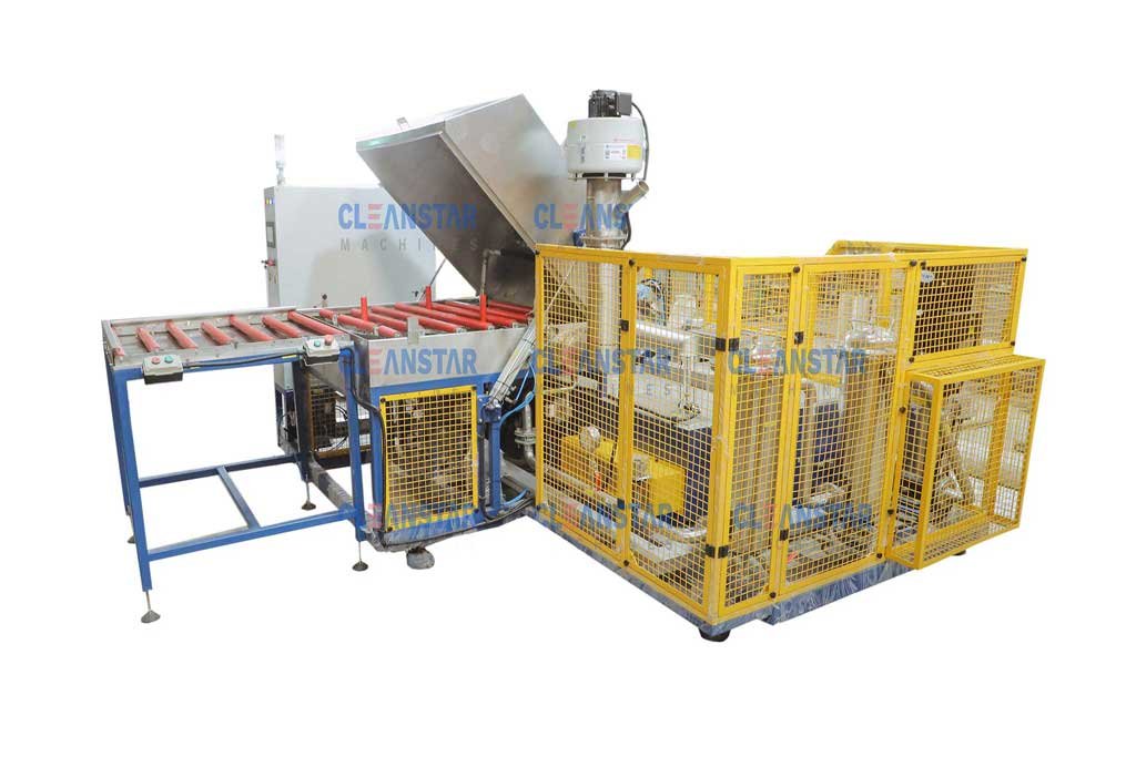 side view of single chamber multi process rotary basket type component cleaning machine